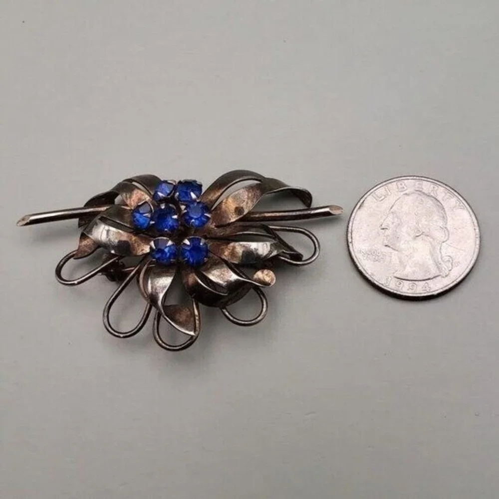 Vintage‎ Sterling Silver Brooch Blue Stones Retro Patina